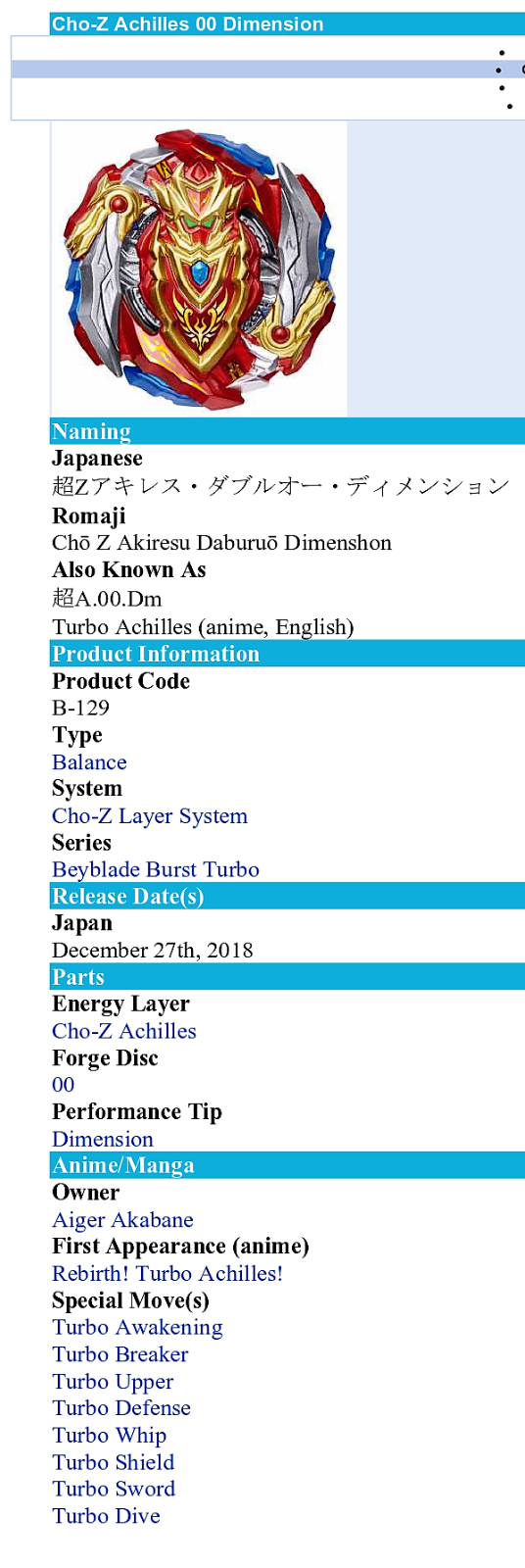 Takara Tomy Beyblade Burst Turbo B-129 Cho-Z Achilles.00.Dm Starter w/LR Launcher (Japan Version)