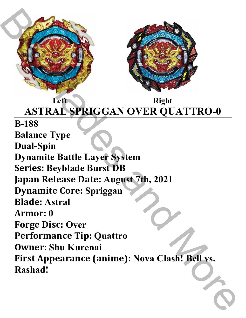Takara Tomy Japan Beyblade Burst Dynamite Battle B-188 Astral Spriggan Over Quattro-0 Customize Set