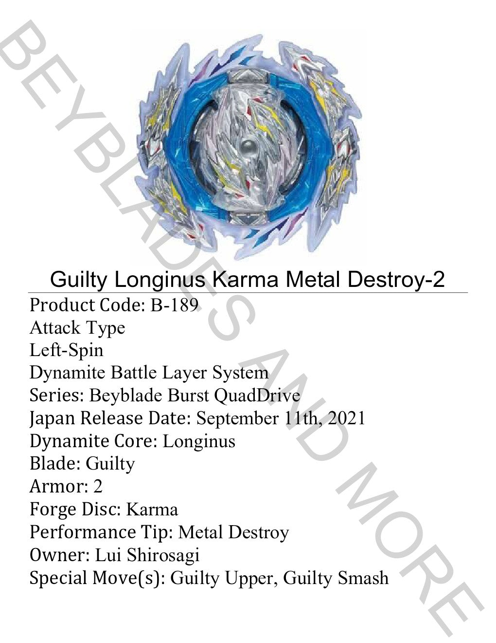 Takara Tomy Beyblade Burst B-189 Guilty Longinus Karma Metal Destroy-2 with L Gear
