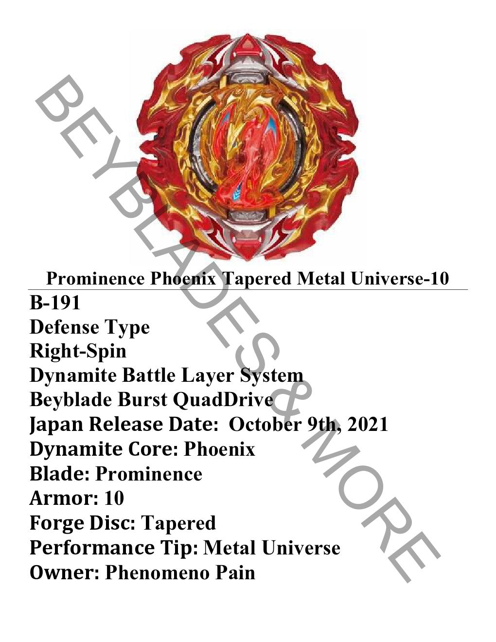 Takara Tomy Beyblade Burst B-191 Prominence Phoenix Tapered Metal Universe-10 (NWOP)