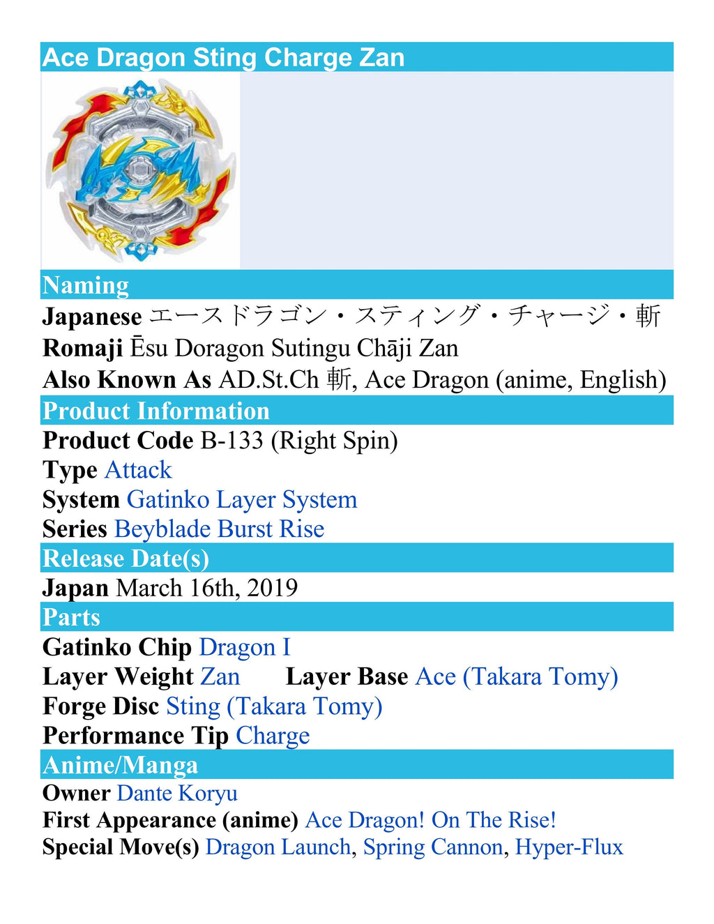 Takara Tomy Beyblade Burst Rise B-133 DX Starter Ace Dragon .St.Ch ZAN (Japan Version)