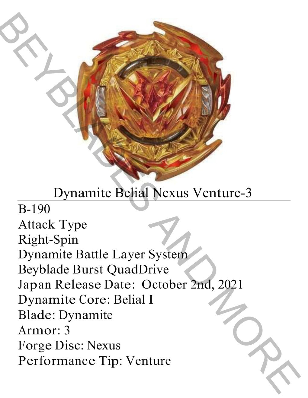 Takara Tomy Japan Dynamite Battle B-190 Beyblade Burst Dynamite Belial Nexus Venture-3 & Roar Bahamut Karma Metal Drift-6
