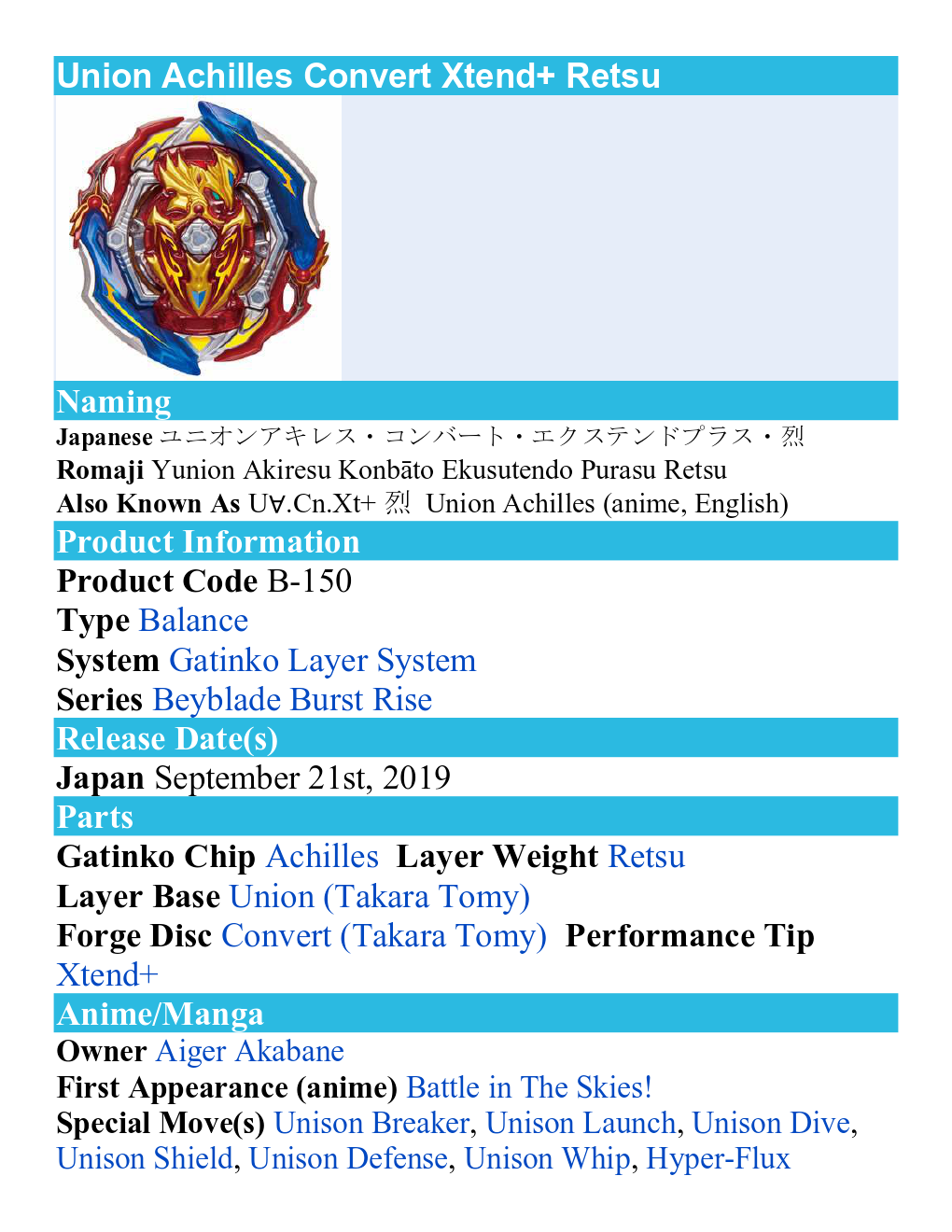 Takara Tomy Beyblade Burst Rise B-150 Booster Union Achilles.Cn.Xt+Retsu (Japan Version)